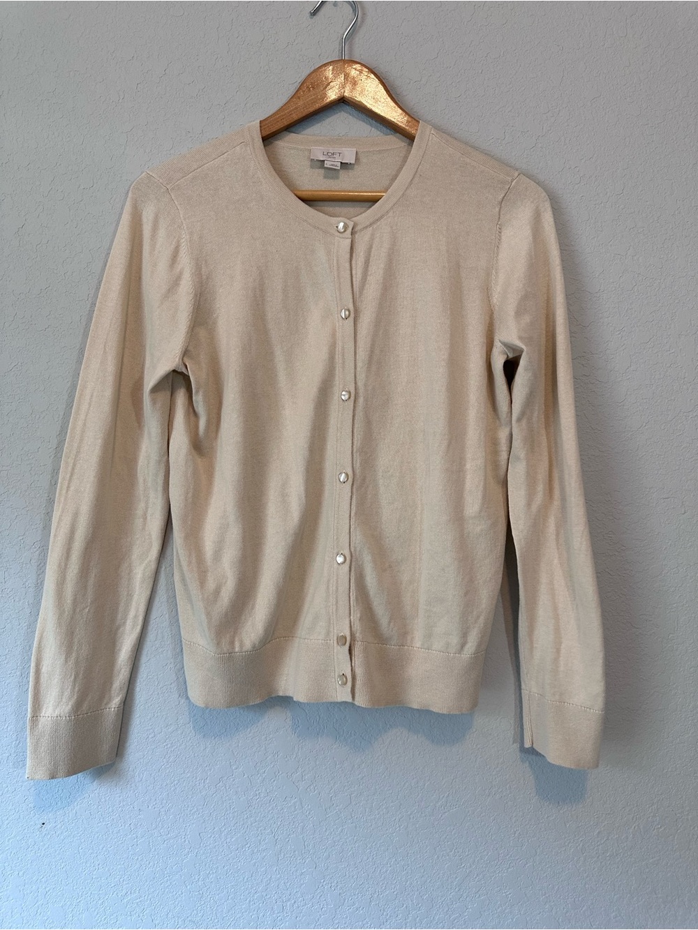 LOFT Light Cream Crewneck Button-Front Cardigan